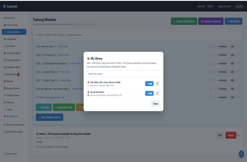 ScriptLMS My Library window listing imported training pages, each with an Add button to put a copy into a module